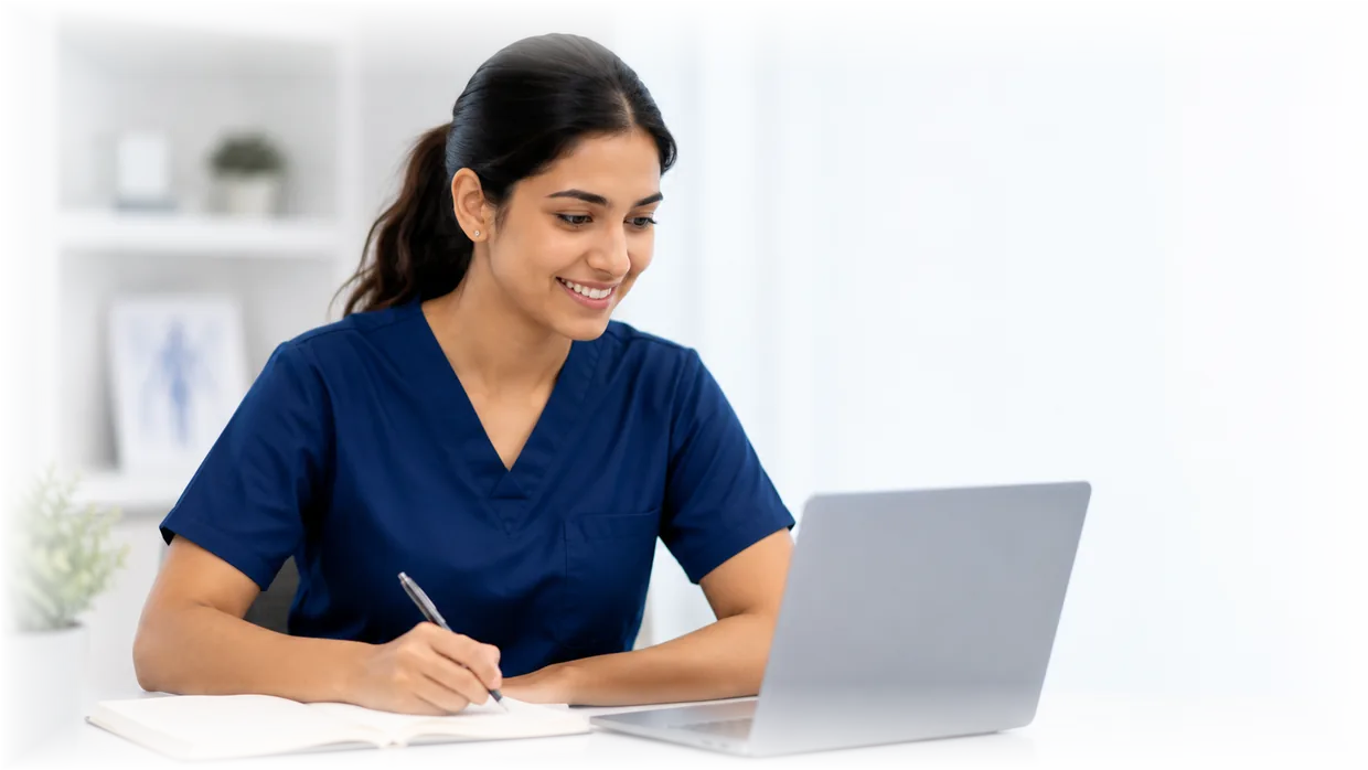 Medical trainee studying with a laptop and notebook